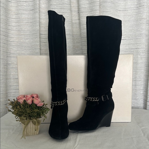 BCBGeneration Shoes - BCBGeneration Black suede Over the Knee Boots with Chain Detail